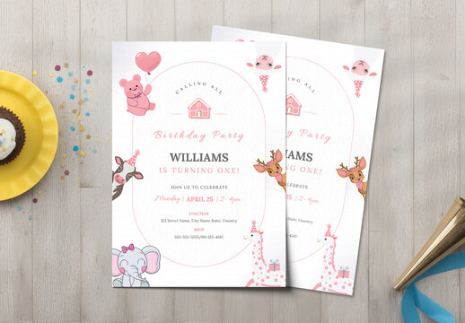 Cute Pink Animal Kids Birthday Party Invitation Card Template with Illustration