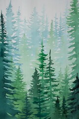 Misty forest landscape with tall trees