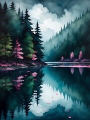 Mystical forest lake with pink accents under cloudy sky