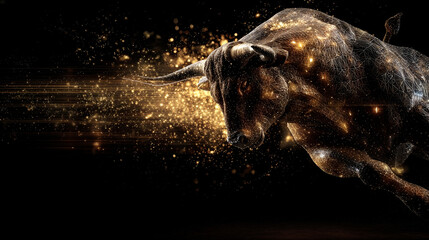 Fototapeta premium Digital Golden Wireframe Bull Charging - Stock Market Financial Growth Concept