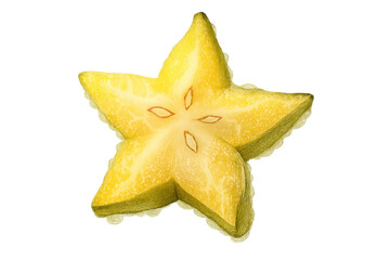 Fototapeta premium Star fruit slice showing a vibrant yellow tropical carambola with seed details on transparent background