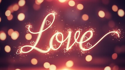 Romantic glowing script spelling love with sparkling hearts and bokeh lights whit background