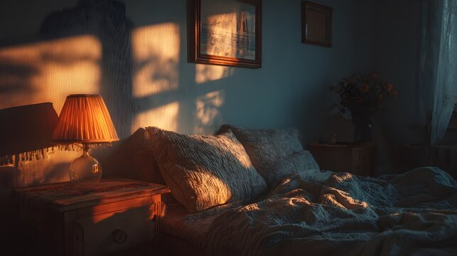 Cozy bedroom interior at night features warm light from a bedside lamp illuminating an unmade bed with textured linens and shadows.