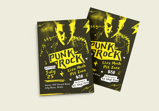Punk Rock Music Event Flyer Template with Grunge Yellow Black