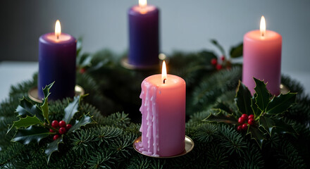 Advent Candle Wreath: A serene image of an advent candle wreath, featuring the soft glow of four burning candles nestled within a verdant wreath, evoking a sense of calm reflection.