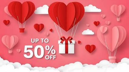 Valentine's day sale with heart shaped hot air balloons and discount offer whit background