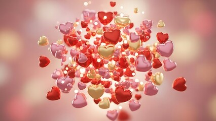 Colorful heart shaped confetti falling with soft lighting creating romantic whit background