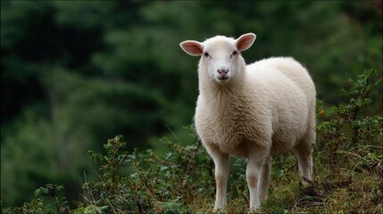 Obraz premium Photograph of a white sheep standing on a grassy hillside. the sheep is facing the camera and is looking directly at the camera with a curious expression.