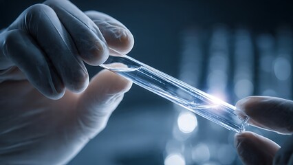 Gloved Hands Holding Test Tube in Scientific Lab A Close-Up View of Crucial Research and Development in Chemistry and Medical Innovation, Highlighting Precision and Discovery in Modern Science