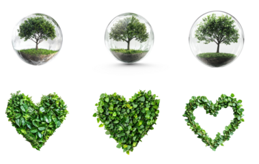 Collection of transparent globe with tree branches growing through it, showcasing nature integration with the Earth. full length isolate on transparent background