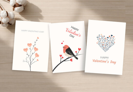 Minimal Romantic Valentine&rsquo;s Day Card Design with Heart Flowers and Cute Bird Illustration
