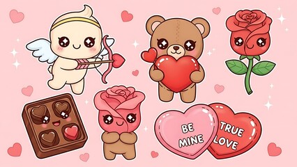 Cute cartoon teddy bears and chocolates with roses and hearts for valentine's whit background