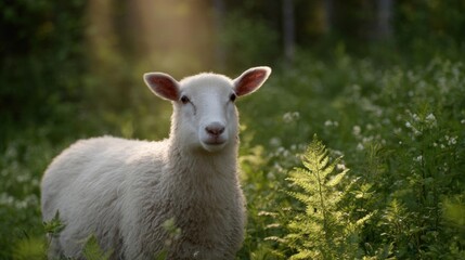 Obraz premium Close-up of a white sheep standing in a field of green grass and ferns. the sheep is facing the camera and is looking directly at the camera with a curious expression.