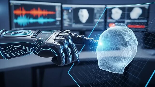 Futuristic robot interacting with digital human model