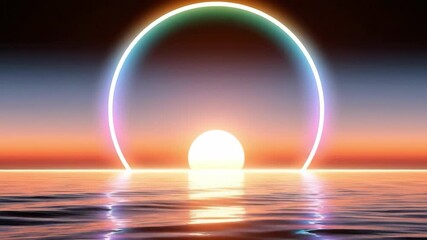 Futuristic synthwave sunset with glowing neon ring over a dark ocean. Great for music blogs, gaming sites, and sci-fi topics focusing on retro-futurism, 80s aesthetics, and digital art trends. - Powered by Adobe