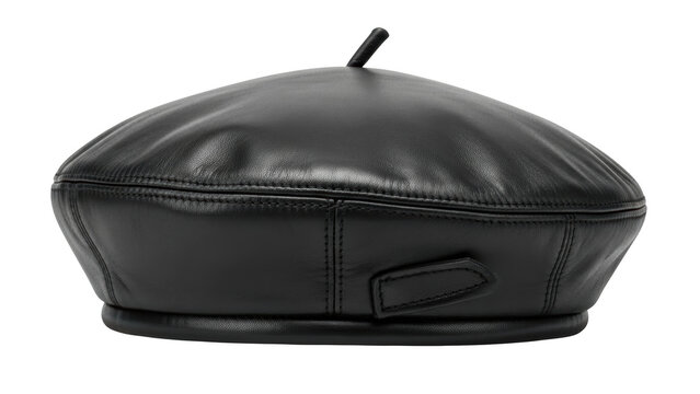 Black leather beret with a small stem on top and a side strap detail headwear