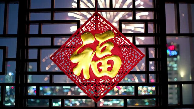 The word \��\ by the window and the city night scene fireworks. The word \��\ in the new year is the window grille fireworks