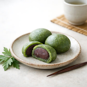 Rare Wagashi made from yomogi leaves, handcrafted Japanese dessert, minimalist background, soft natural light