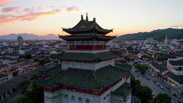 Ancient buildings sunset panoramic view of the city Ancient city buildings at sunset