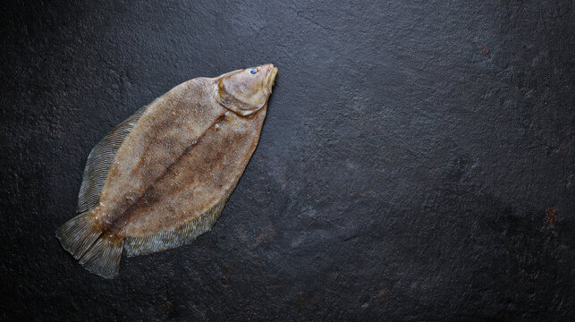 Fresh whole sole fish placed on a dark textured slate background, ideal for seafood menus, culinary blogs, or recipe design.
