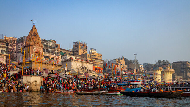 Pilgrims Gather at the ghats for Holy Bath at Maha Kumbh Mela, Varanasi, India