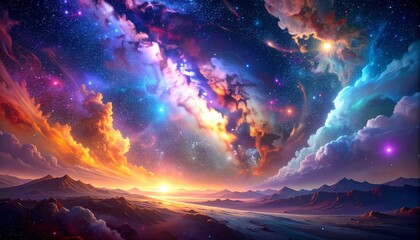 Swirling nebula clouds in blue, purple, orange, and red surround a glowing star, with a distant planet—evoking cosmic birth, mystery, and the sublime choreography of space and light.