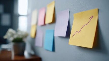 Wall with several colorful sticky notes attached to it. on the right side of the wall, there is a yellow sticky note with a purple line graph drawn on it.