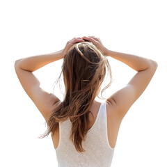 Fototapeta premium A woman with her hands in her hair, looking at the sky Feeling relaxed and carefree on a warm summer day. full length isolate on transparent background