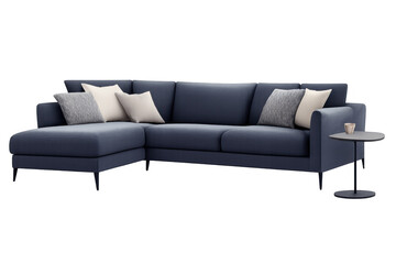 Modern blue l-shaped sectional sofa with pillows and side table, offering comfortable living room furniture concept