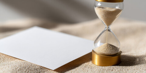 Close-up of hourglass with flowing sand next to blank white paper on sandy surface symbolizing time and opportunity