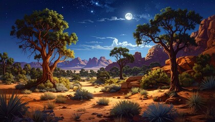 A full moon glows over a quiet desert with Joshua trees and rocky silhouettes, stars scattered across a cloudy night sky—evoking solitude, mystery, and the timeless breath of nocturnal wilderness.