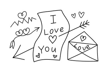 Valentine's Day. Heart shape. Letter, envelope, arrows. Hand lettering. Valentine, I love you. Set of hand-drawn doodle icons. Vector illustration. Isolated background.