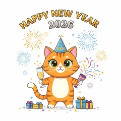 Cute Orange Cat Celebrating New Year 2026 with Fireworks and Champagne