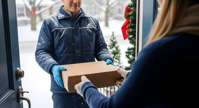 Package Delivery in Winter: A courteous delivery worker, swathed in winter attire, hands a package to a recipient at a snowy door, embodying reliable service and timely delivery.