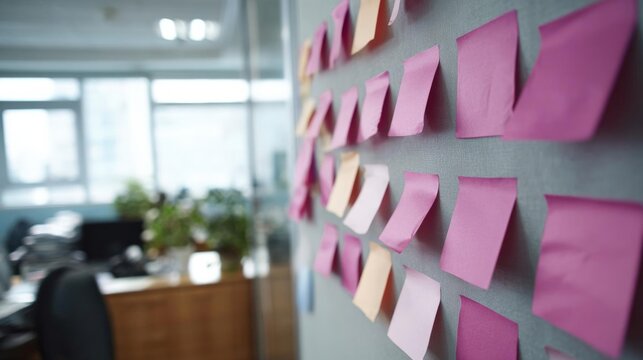 Wall covered in multiple pink sticky notes. the notes are arranged in a grid-like pattern and are of different sizes and colors. - Powered by Adobe