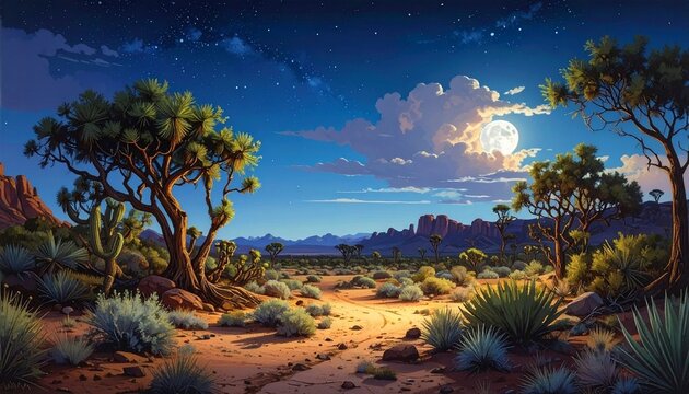 A full moon glows over a quiet desert with Joshua trees and rocky silhouettes, stars scattered across a cloudy night sky&mdash;evoking solitude, mystery, and the timeless breath of nocturnal wilderness.
