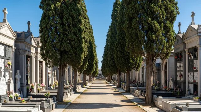 Serene cemetery pathway under blue sky with symmetrical tombs and tall cypress trees