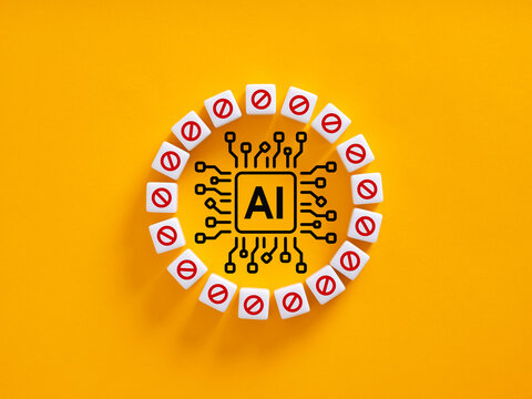 AI chip surrounded by censor symbols, creating restriction