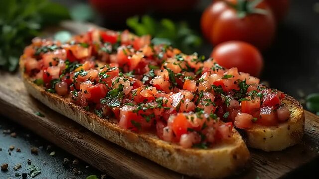 Fresh bruschetta with tomatoes and herbs on wooden board