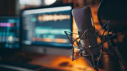 Podcast microphone, studio audio equipment, home recording setup with pop filter and computer monitor for professional podcasting, streaming, online content creation and digital media production