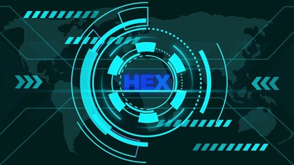 Obraz premium Futuristic Digital HUD Interface with World Map and HEX Text in Cyan and Blue Tones technology