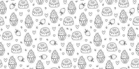 Cupcake, berries, strawberries, baked goods. Seamless pattern. Valentine's Day. Set of hand-drawn cake icons. Heart shape, dessert. Repeating black and white background.