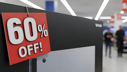 Discount tag on black tv display in the retail store: A eye-catching red tag, boldly proclaiming 60% OFF! swings from a sleek, black television display in a bustling retail store.