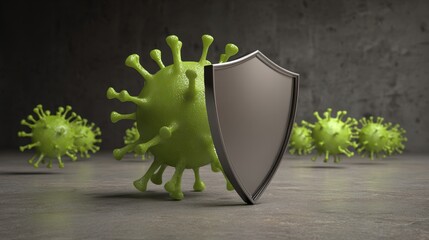 Conceptual illustration of viruses repelled by a shield symbolizing defense from infection. Represents cybersecurity, immunity, healthcare and biological defense in scientific context