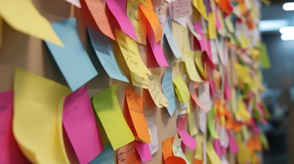 Wall fully covered with multi colored sticky notes for project planning, brainstorming and task tracking. Colorful notes represent creative ideas and efficient business strategy in office