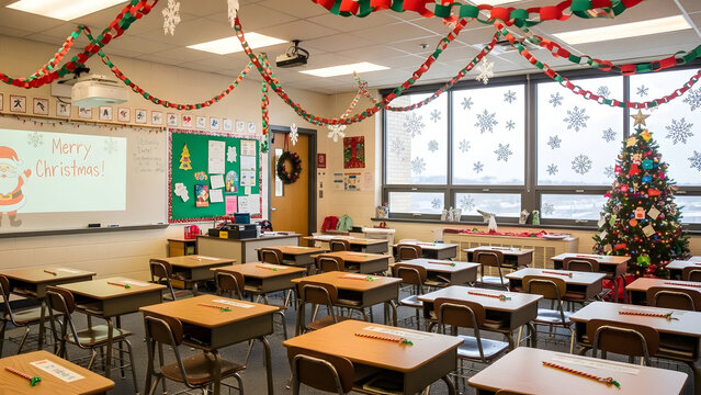 Classroom Christmas Cheer: An empty classroom decked in holiday decorations, a Christmas tree adding festive spirit amid desks and windows, creating a cozy and inviting scene.