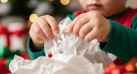 Child's Christmas Delight: A child's small hands carefully unwrap a festive Christmas present, their eyes filled with anticipation as they reveal the hidden treasure within.
