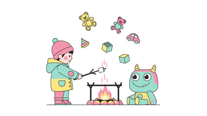 Fototapeta premium Sweet Treats And Friends: A Child's Joyful Illustration Of Marshmallow Roasting