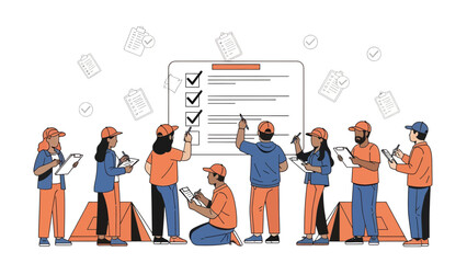 Team Inspecting And Filling Out Form Outdoor For An Important Work Campaign