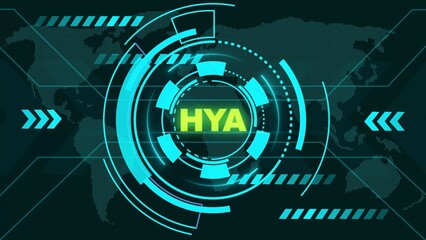 Glowing HYA Text in Futuristic HUD with World Map Background interface technology